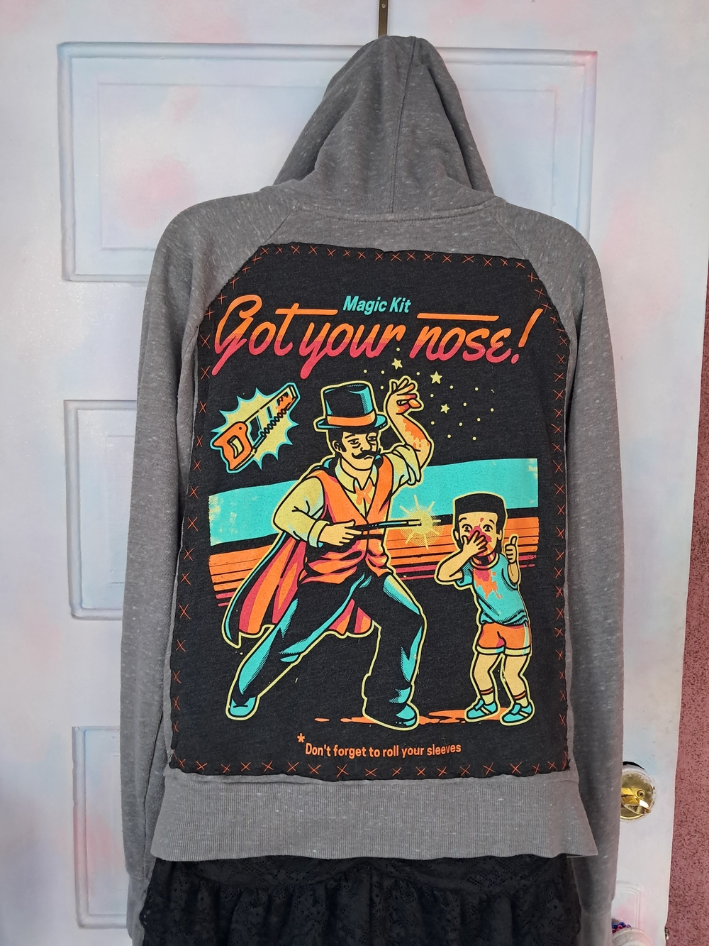 Custom Gray Hoodie Jacket with Neon Magic Dark Humor XXL Patch & More!